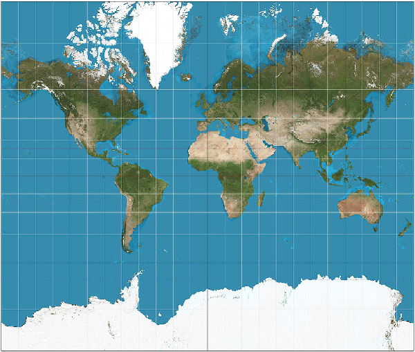 Projeção Mercator do mapa mundi entre 82°S e 82°N. 